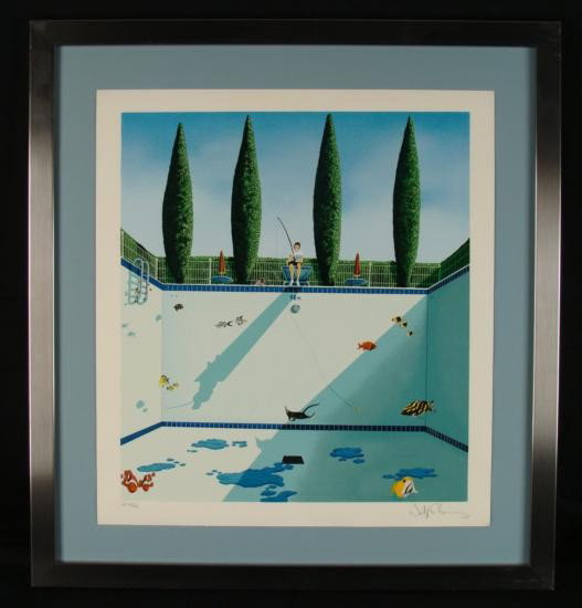 The Pool Surrealist Framed Art Print Fish Artist Signed: This print portrays an unusual fishing scene. A boy is fishing off the diving board of a pool, only there is no water, and the fish are floating. * Artist: UnidentifiedTitle: "The Pool"Medium: Print o