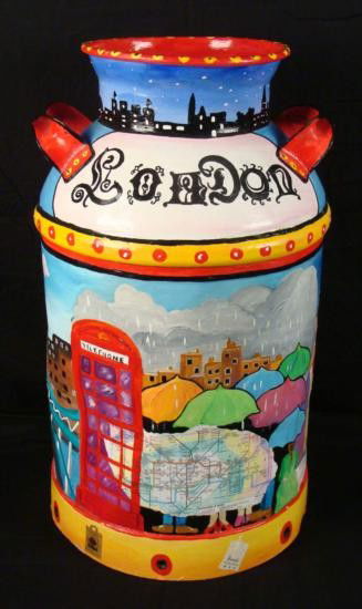 Linnea Pergola Original Milk Can London In The Spring: Artist Linnea Pergola has transformed this old milk can into a unique artistic creation. Scenes of London on a spring day surround the can in brightly colored painted. The artist's experience travelin