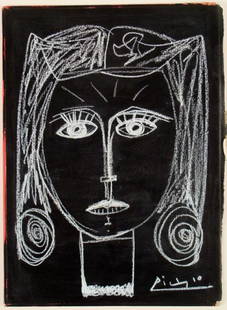 Pablo Picasso Original Drawing Signed In Book 1954: This is an original drawing by Pablo Picasso, signed by the artist. The drawing was done on the opposite side of the front cover of a book. The image is of a woman with curls in her hair. It is