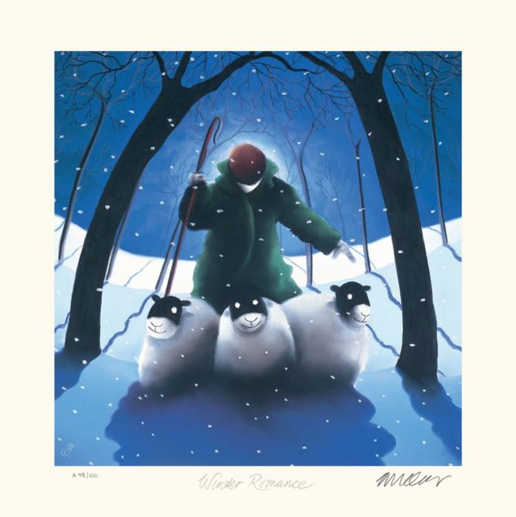Mackenzie Thorpe 'WINTER ROMANCE' Lithograph: Artist: Mackenzie ThorpeTitle: Winter RomanceMedium: Lithograph on PaperOrientation: squareImage Size: 15 x 15 inchesPaper Size: 19 x 19.5 inchesEdition Size: 100: Signed by the artist, individually n
