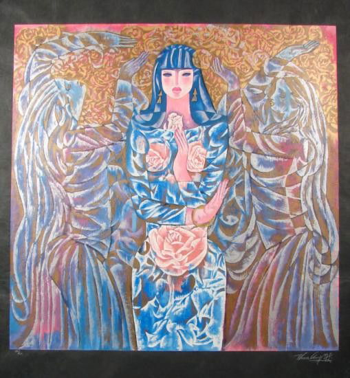 Zhou Ling GODDESS OF THE ROSES Yunnan Rice Art Print: This marvelously colorful print is by the popular and accomplished artist of the Yunnan School, Zhou Ling: Title: "Goddess of the Roses" Limited edition serigraph on black rice paper Signed and number