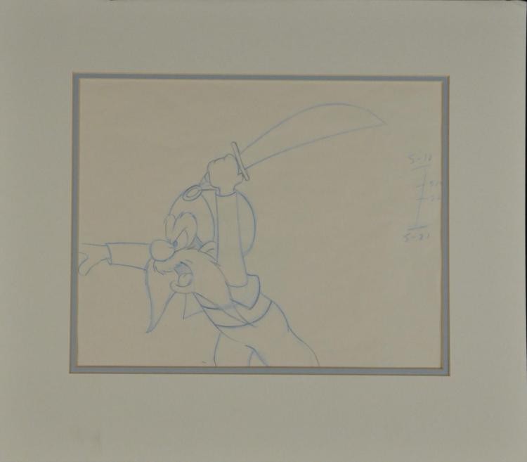 Yosemite Sam Original Animation Production Drawing: Yosemite Sam is always a force to reckon with, but how about Sam as an Arabian Knight? That's what he is here in this original production drawing used in the making of a cartoon. * Medium: Non-photo b
