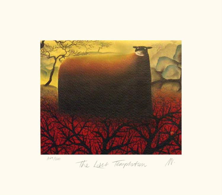 Mackenzie Thorpe 'LAST TEMPTATION' Lithograph: Artist: Mackenzie ThorpeTitle: Last TemptationMedium: Lithograph on PaperOrientation: horizontalImage Size: 7 x 5.75 inchesPaper Size: 10 x 9.75 inchesEdition Size: 200: Signed by the artist, individu