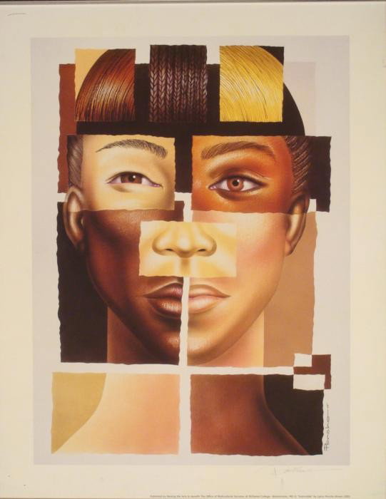 Larry Poncho Brown Signed Charity Poster Indivisible: This art poster plays with the notion of race, as various features from different people are combined in a collage into one.Artist: Larry Poncho Brown Signature: In pencil, lower right Title: Indivisi
