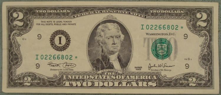 2003 Star Note $2 Two Dollar Bill I Mint Minneapolis: 2003 Star Note $2 Two Dollar Bill * Mint mark: I (Minneapolis)