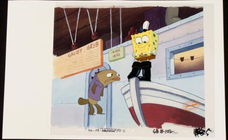 Original Spongebob Cel Animation Can I Help You Art: * This animation cel and reproduction background are from the Nickelodeon TV show SpongeBob Squarepants. The story takes place under the deep blue sea in Bikini Bottom, where Spon