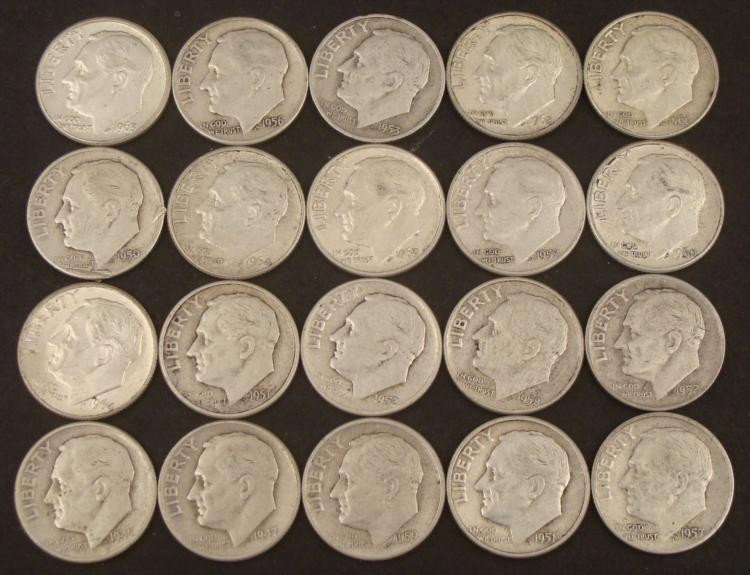 20 Different Date Roosevelt Silver Dimes -Nice Set: 20 Different Date Roosevelt Silver Dimes * * Nice SetDates: 1946-P, 1947-P, 1950-D, 1951-P,D, 1952-P,D, 1953-D, 1956-P, 1957-P,D, 1958-D, 1959-D, 1960-D, 1961-D, 1962-D, 1963-P,D, 1964-P,D