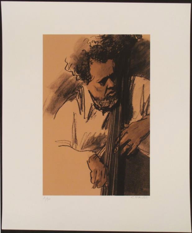 Clifford Faust Signed Charles Mingus Jazz Art Print: Charles Mingus never compromised his musical integrity, and this portrait shows him in deep concentration. The sketch like quality and tones emphasize his composer side. Artist: Clifford Faust Title: 