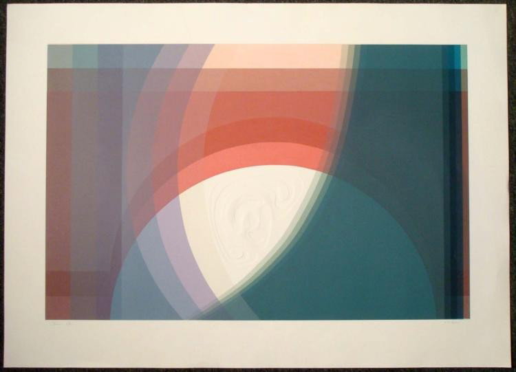 Audrey Grendahl Kuhn Signed Modern Art Print Prism Two: Here is art print that captures the overlapping colors of a prism, with a subject at the center depicted in an embossed, abstract form. * Artist: Audrey Grendahl Kuhn Signature: In pencil, lower right