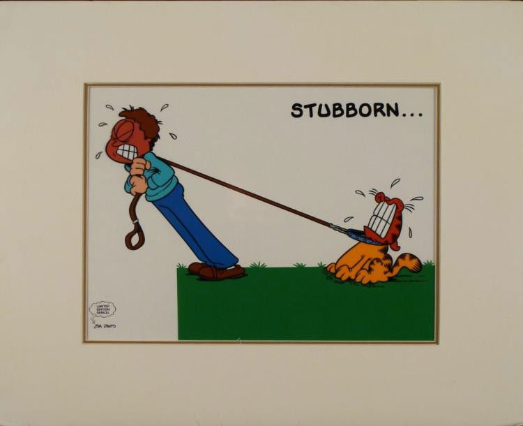 Garfield Leash Ltd Ed Animation Serigraph Cel -Stubborn: This is a limited edition animation cel from the studio series of Jim Davis. Garfield displays his stubborn nature here, but Jon should know- you should never put a leash on a cat! * Medium: Serigraph