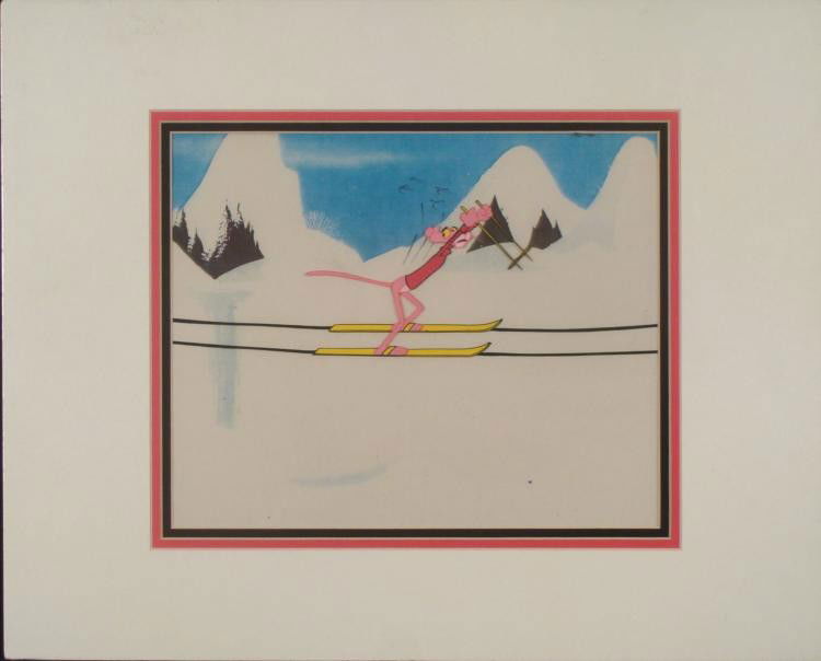 Pink Panther Original Production Cel & Backgrnd Skiing: Here is an original animation cel and background used in a DePatie-Freleng production of The Pink Panther Show cartoon. The program ran on television throughout the 1970's. In this scene, Pink is skii