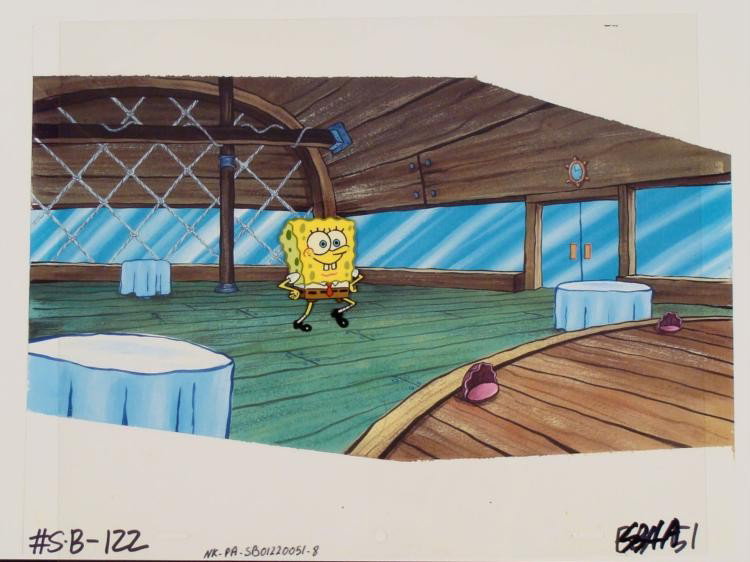SpongeBob Original Cel Production Background Stroll Art: This animation cel and reproduction background are from the Nickelodeon TV show SpongeBob Squarepants. The story takes place under the deep blue sea in Bikini Bottom, where SpongeBob resides. SpongeBo