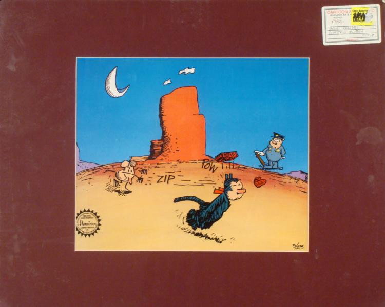 Krazy Kat Ltd Ed Hand Painted Animation Cel: Here is the classic Krazy Kat scene reproduced in a limited edition cel, hand-painted in vivid colors. * Medium: Printed cel, hand painted on acetateTitle: "Lovesick Brick"Edition: 5/275Image size: 12