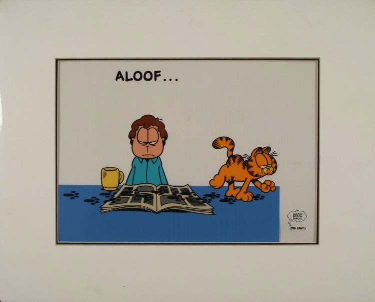 Garfield & Jon Ltd Ed Animation Serigraph Cel -Aloof: Here is a limited edition animation cel from the studio series of Jim Davis. Garfield shows just how aloof he can be, walking across the newspaper while Jon is reading and getting it full of paw print