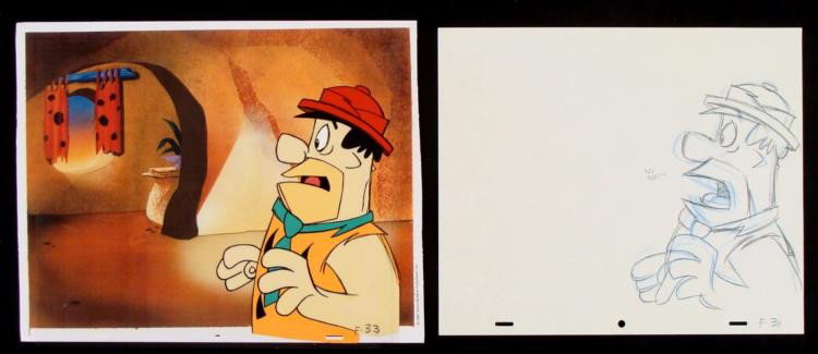 Original Animation Cel Fred Drawing Shock Flintstones: What the.... The cel comes with a matching drawing overlay. * * Original Production Art Cel, Drawing, and Reproduction Background Original "rough" animation drawing, with notations in black.&nbs