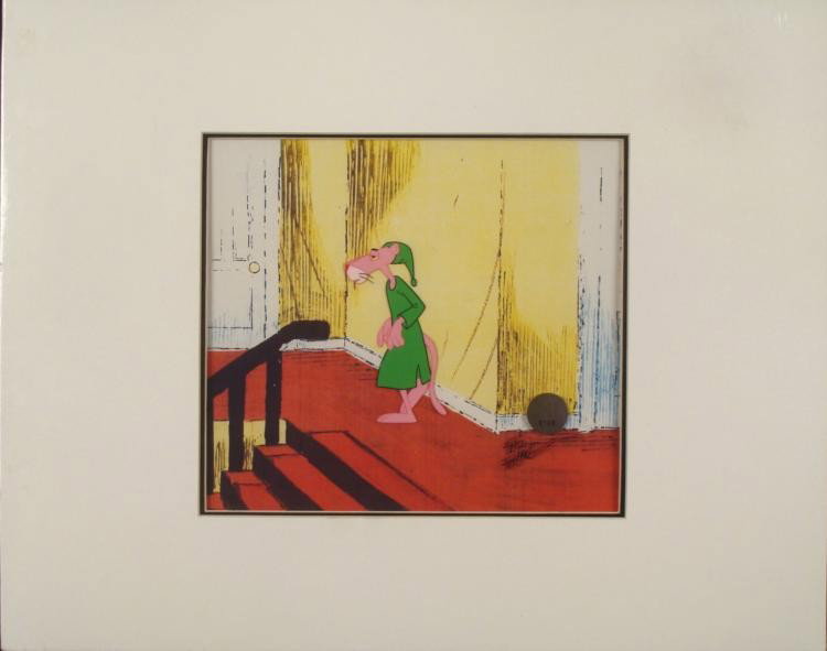 Pink Panther Freleng Orig Signed Production Cel-Pajamas: This is an original animation cel and background used in a DePatie-Freleng production of The Pink Panther Show cartoon. This one is even more of a unique original because it is signed by the legendary