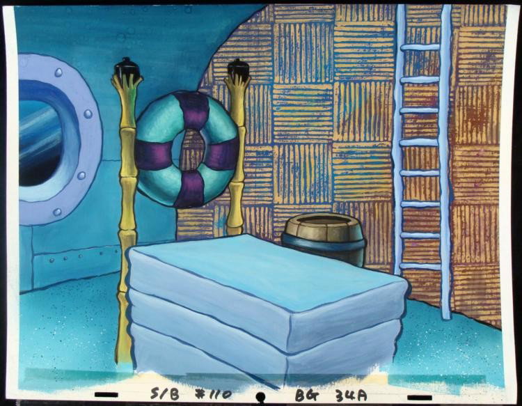 Coozy Bedroom Production Animation Background Spongebob: This original hand-painted background is from the Nickelodeon TV show SpongeBob Squarepants. The story takes place under the deep blue sea in Bikini Bottom, where SpongeBob r