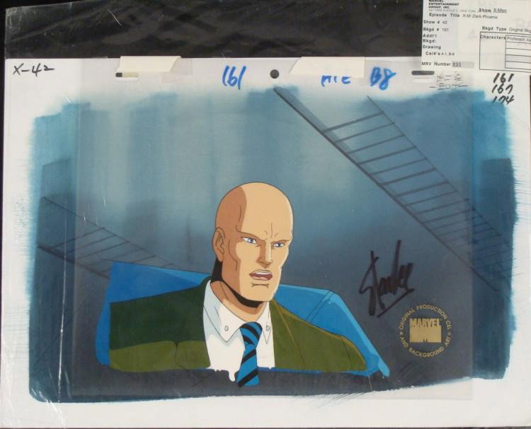 Animation Original Cel Stan Lee Signed Background X-MEN: This is an original signed production cel and background from the hit series X-Men. Stan Lee signature is located on the bottom right of cel in black sharpie. * Under a cloud of i
