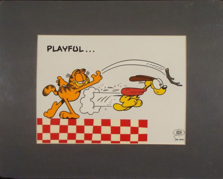 Garfield & Odie Ltd Ed Animation Serigraph Cel -Playful: Here is a limited edition animation cel from the studio series of Jim Davis. In this scene Garfield displays his <I>playful</I> side with a game of fetch with Odie, off the edge of the flo