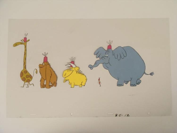 Dr. Seuss Freleng Original Production Cel Animals: Here is an original animation cel that was used in the production of a Dr. Seuss cartoon. The characters shown here include a giraffe, gorilla, yak, elephant, and ant. We believe this cartoon was prod