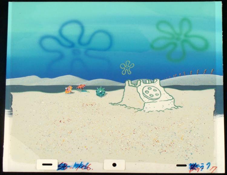 Spongebob Production Original Sand Telephone Background: This original hand-painted background is from the Nickelodeon TV show SpongeBob Squarepants. The story takes place under the deep blue sea in Bikini Bottom, where SpongeBob r