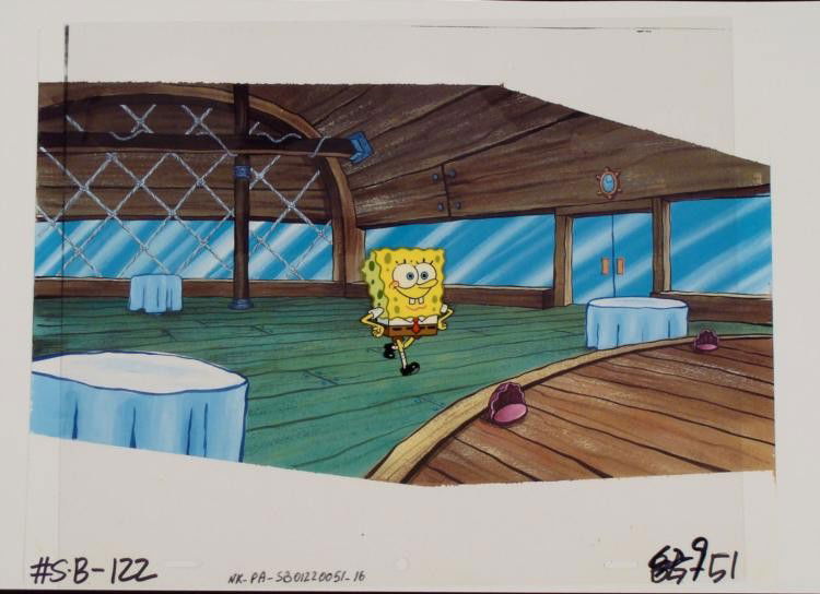Stage Walk SpongeBob Original Cel Animation Background: This animation cel and reproduction background are from the Nickelodeon TV show SpongeBob Squarepants. The story takes place under the deep blue sea in Bikini Bottom, where SpongeBob resides. SpongeBo