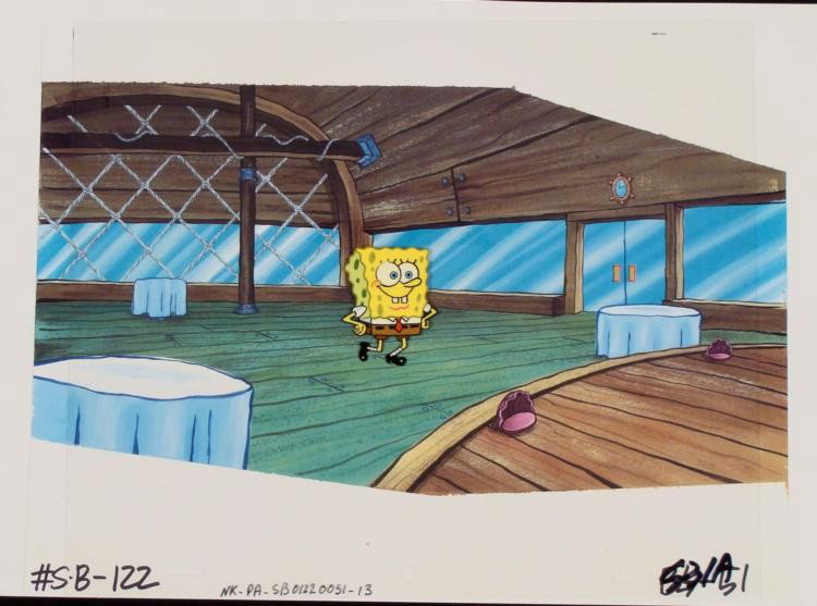 SpongeBob Shenanigans Original Cel Animation Background: This animation cel and reproduction background are from the Nickelodeon TV show SpongeBob Squarepants. The story takes place under the deep blue sea in Bikini Bottom, where SpongeBob resides. SpongeBo