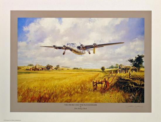 Aviation Art The Sword & The Ploughshare Young B-24: Another Liberator roars off the end of the runway and out over the peaceful English countryside. A mission to Regensburg? A local training flight? John Young hasn't told us which, but he masterfully d