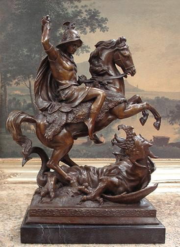 Majestic Bronze Sculpture Saint Michael Dragon Slay: Saint Michael Dragon Slayer on Horseback, Bronze Sculpture, 21"H x 13"W x 9"D 46 lbs This bronze sculpture was produced using the "Lost Wax" casting method. The"Lost Wax" Cast method is the mo
