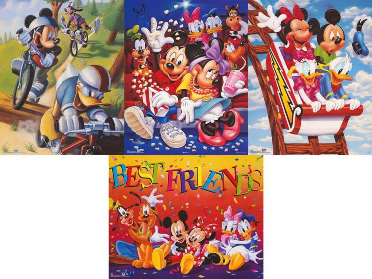 4 Disney Prints Mickey & Friends Bikes, Rollercoaster: Here are four prints from the wonderful world of Disney, featuring Mickey Mouse doing some fun things with his good friends. * Medium: Print on paper Condition: ExcellentMickey & Friends: BikingSi