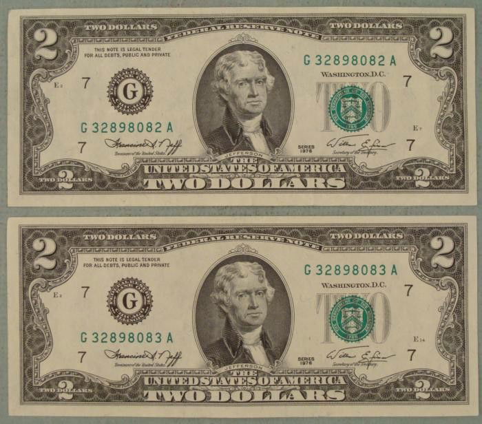 2 Consec # $2 Dollar Bills 1976 G Mint Notes Chicago CU: (2) 1976 $2 bills with consecutive serial numbers * Mint marks: G (Chicago)Condition: Crisp Uncirculated * Bills you receive may be slightly different from the ones shown *