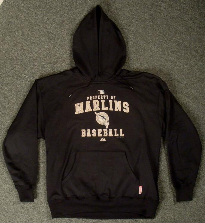 Florida Marlins Authentic Dugout Hoodie and Hat MLB: Offered here is an authentic Florida Marlins hoodie (as seen worn in the dugout) and a hat. The hoodie is all black with cooper writing. The hoodie reads: Property of the Florida Marl
