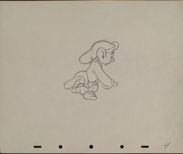 Disney Snow White Original Production Drawing Dopey: This is an original drawing used in the production of the 1937 Disney classic Snow White and the Seven Dwarfs. This is a sketch of Dopey, the only dwarf without a beard. * Medium: Black pencil on anim