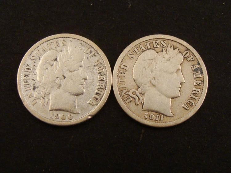 1900-S & 1911-D Hi-Grade Silver Barber Dimes -Very Nice: 1900-S & 1911-D Barber Silver Dimes * Condition: Hi-Grade, Strong Detail, Very Nice detail