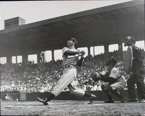 HUGE Joltin' Joe DiMaggio Yankees Photo Print: Offered here is a large, brand new and fresh black and white print of a famous photo of Joltin' Joe, in his signature stance, slamming one out of the park: Printed on heavy cardstock 15¾ × 1
