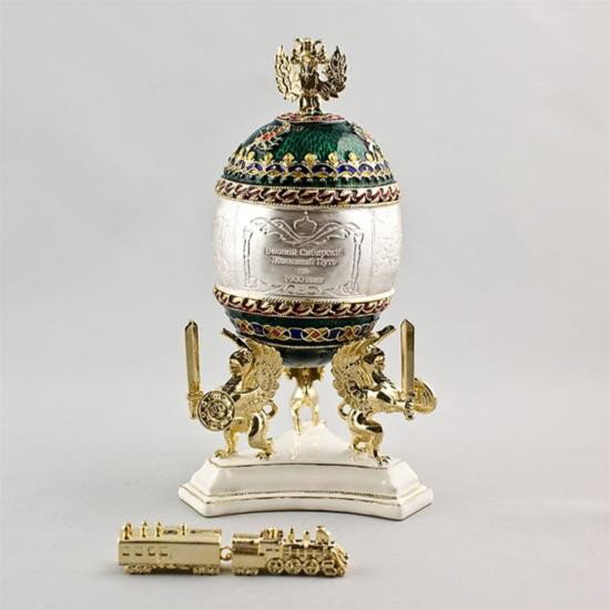 Trans-Siberian Railway Faberge Egg: Trans-Siberian Railway Faberge Egg, Dimensions: 4.5in (H) X 2.5in (W), Material: Pewter, Enamel, Crystals, The famed Faberge eggs are jeweled eggs, often with the most ornate&#