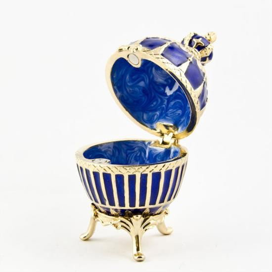 Blue Enamel Ribbed Faberge Egg: Blue Enamel Ribbed Faberge Egg, Dimensions: 2.5in (H) X 1.25in, Weight: 6 oz, Material: Pewter, Austrian Crystals, Enamel