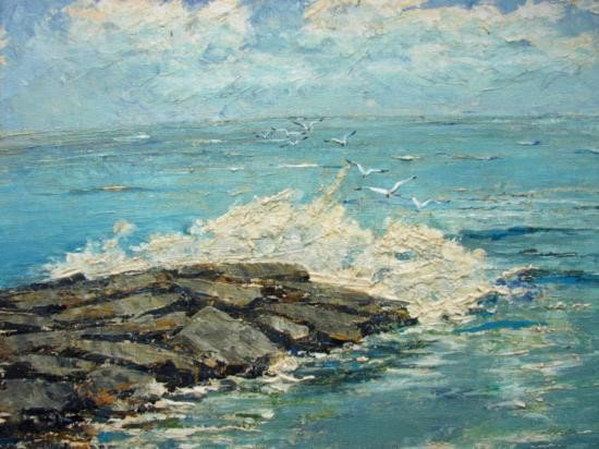 MWF1574 SEASCAPE OIL ON BOARD 14 X 11 believed to be a: MWF1574 SEASCAPE OIL ON BOARD 14 X 11, believed to be a Newell Conyers Wyeth, although not yet proven. We are starting the bidding at $900 as we do not have the time determine its true value. 