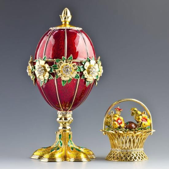 Flowers Basket Faberge Egg: Flowers Basket Faberge Egg, Measures: 6in (H) X 3in (W), Weight: 2 lbs 1 oz, Material: Pewter, Enamel, Crystals. The Spring Flowers Faberge egg is in strawberry red enamel with gui