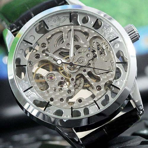 Stylish Mens Skeleton Movement Design Silver Case Wrist: Stylish Mens Skeleton Movement Design Silver Case Wrist Watch with Leather Band