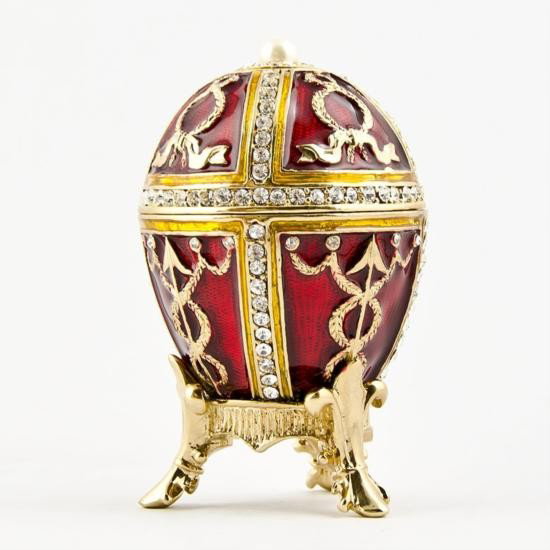 Miniature Rosebud Egg: Miniature Rosebud Egg, Dimensions: 2.5in (H) X 1.5in (D), Weight: 6 oz , Material: Pewter, Crystals, Enamel. The famed Faberge eggs are jeweled eggs, often with the most ornate