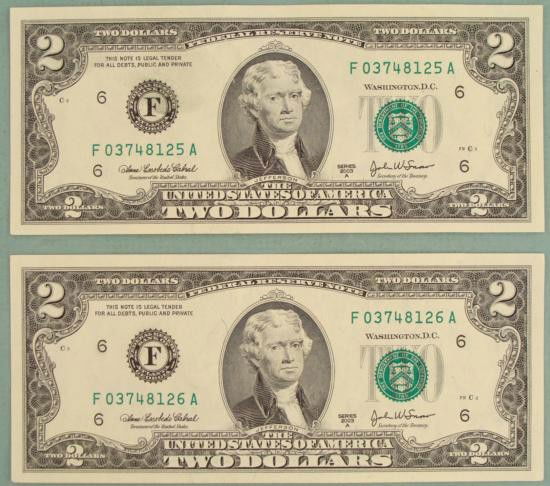 2 Consec # 2003 A $2 Bills F Mint Atlanta Notes CU: (2) 2003-A $2 bills * * Serial Numbers: Consecutive * Mint mark: F (Atlanta) * Grade: Crisp Uncirculated * *Note: Bills will have different serial numbers than those pictured
