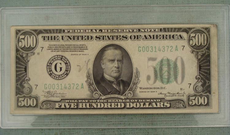 Hi-Grade 1934-A $500 Dollar Bill Note G Mint Chicago: 1934-A $500 Dollar Bill * Mint mark: G Mint (Chicago)Condition: Hi-GradeIncludes: Protective case