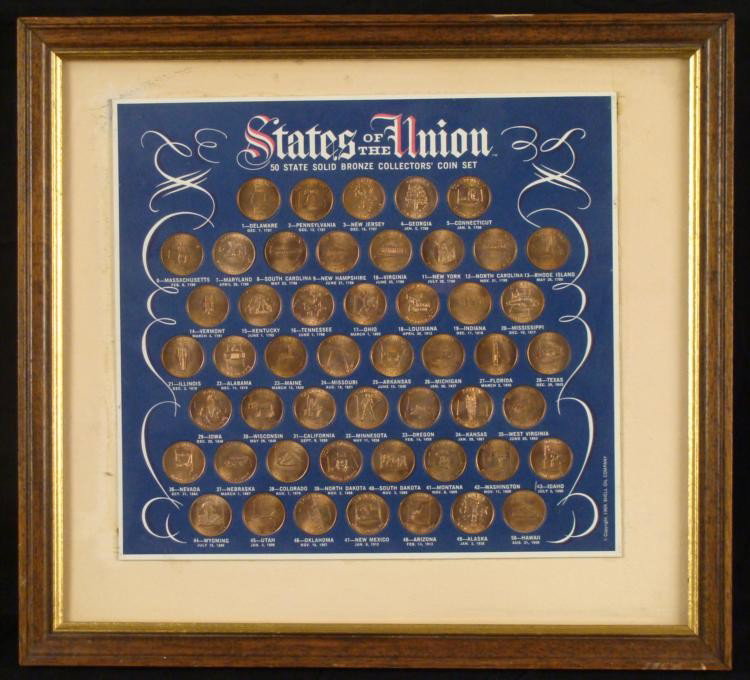 States of the Union 50 Bronze Coins Set Framed 1969: This is the States of the Union 50 State solid bronze collector's coin set. It was produced in 1969 by Shell Oil Company. Each coin has an outline of the state with a state symbol, and the display has