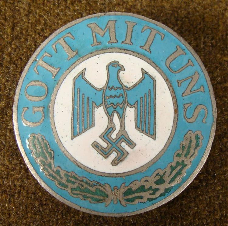 GERMAN WWII ARMY MOUNTAIN TROOPS BADGE: HERE IS A WWII, GERMAN ARMY MOUNTAIN TROOPS BADGE WITH A SCREW BACK. IT HAS AN ENAMELED FRONT WITH AN EAGLE AND SWASTIKA. ON TOP IT READS "GOTT MIT UNS" AND A WREATH AT THE BOTTOM. T