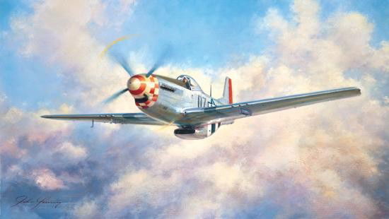 Mustang John Young North American P-51: "Mustang!" by John Young depicts a North American P-51 Mustang cruising in a Summer sky. This print measures 33" x 21 1/4" and has an image size of 30" x 17 1/4". This print has never been mounted and