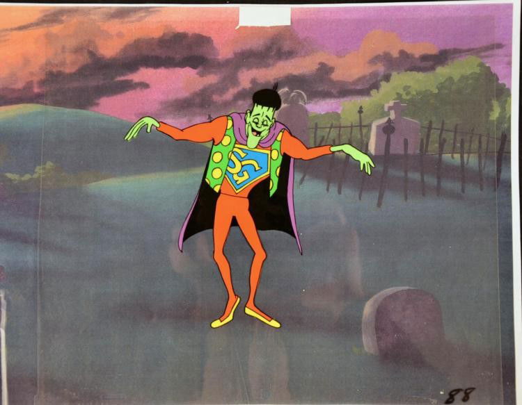 Groovie Goolies Frankenstein Original Production Cel: This fine original production cel features Frankie, a Frankenstein Monster, from the television animated series Groovie Goolies. * Medium: Hand painted cel acetate on two sheets (head and body are don