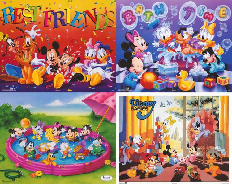 4 Disney Prints: Babies, Mickey Mouse & Friends: Here are four prints from the wonderful world of Disney, featuring some favorite characters. * Medium: Print on paperSize: 16 x 20 Condition: ExcellentDisney Babies: Bath TimeDisney Babies: