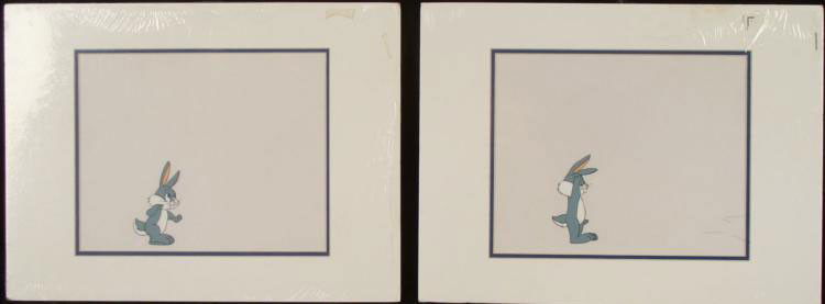 2 Baby Bugs Bunny Original Production Cels Chuck Jones: Here are two original animation cels used in the production of a Warner Brothers cartoon, titled "Baby Bunny." This short was directed by the legendary Chuck Jones, and featured a baby Bugs Bunny. He