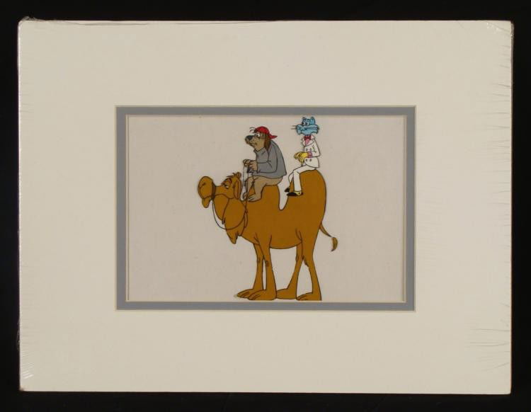 Hanna Barbera Orig Animation Production Cel Cat & Dog: This is an original animation cel used in the production of a Hanna Barbera cartoon. Shown here is a sloppy looking dog and a rather snazzy looking cat in a white suit, both riding a camel. We're not
